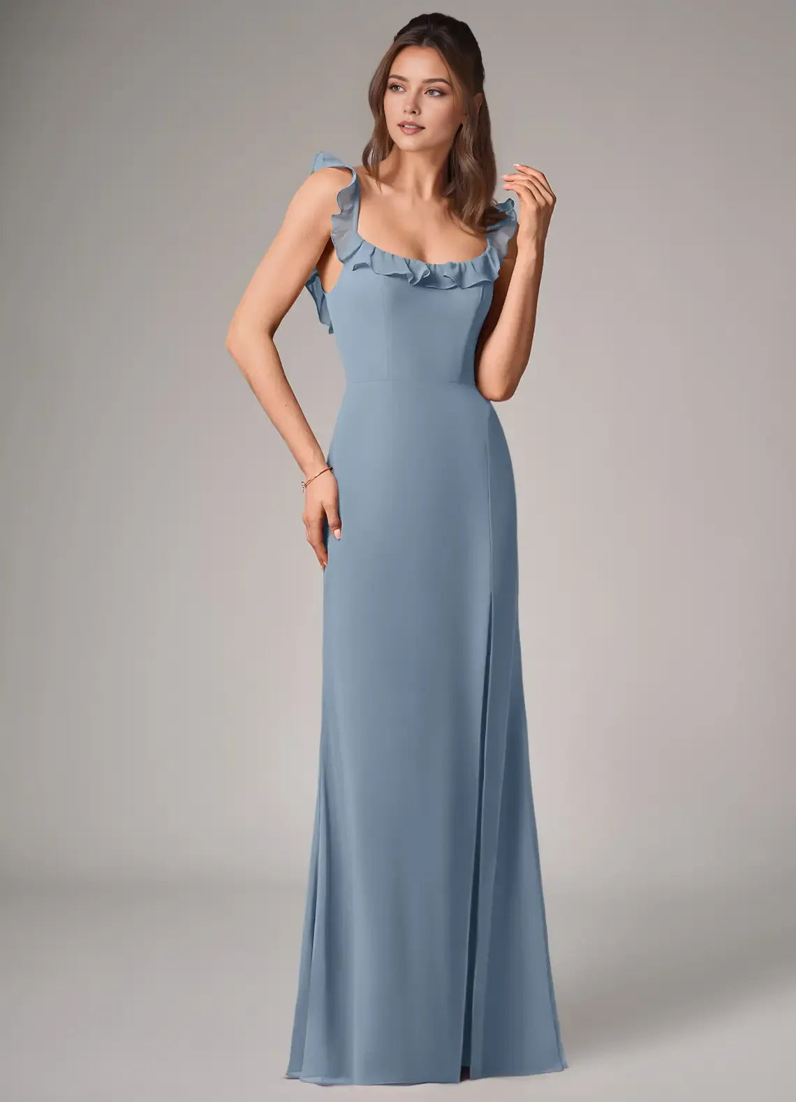 Romantic Mermaid Chiffon Square Neck Ruffle Sleeve Keyhole Back Floor-Length Bridesmaid Dress