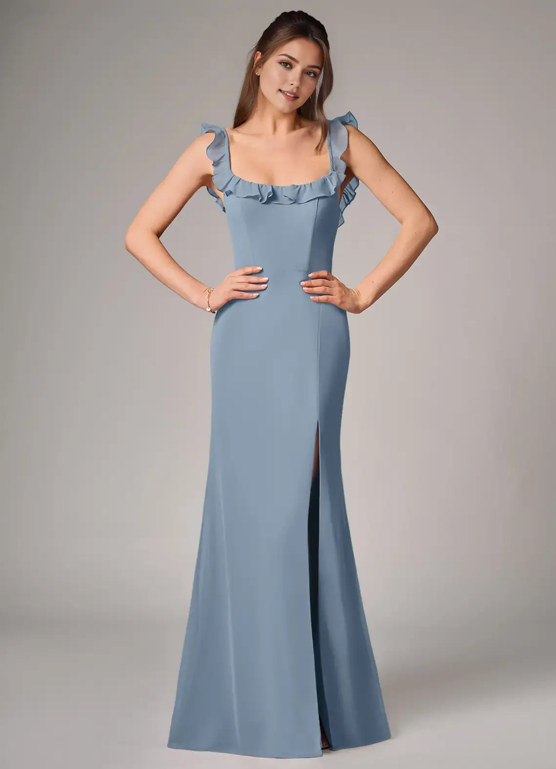 Romantic Mermaid Chiffon Square Neck Ruffle Sleeve Keyhole Back Floor-Length Bridesmaid Dress