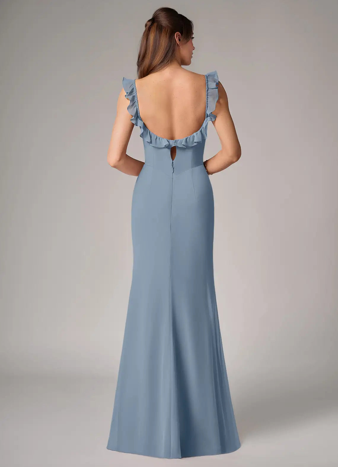 Romantic Mermaid Chiffon Square Neck Ruffle Sleeve Keyhole Back Floor-Length Bridesmaid Dress