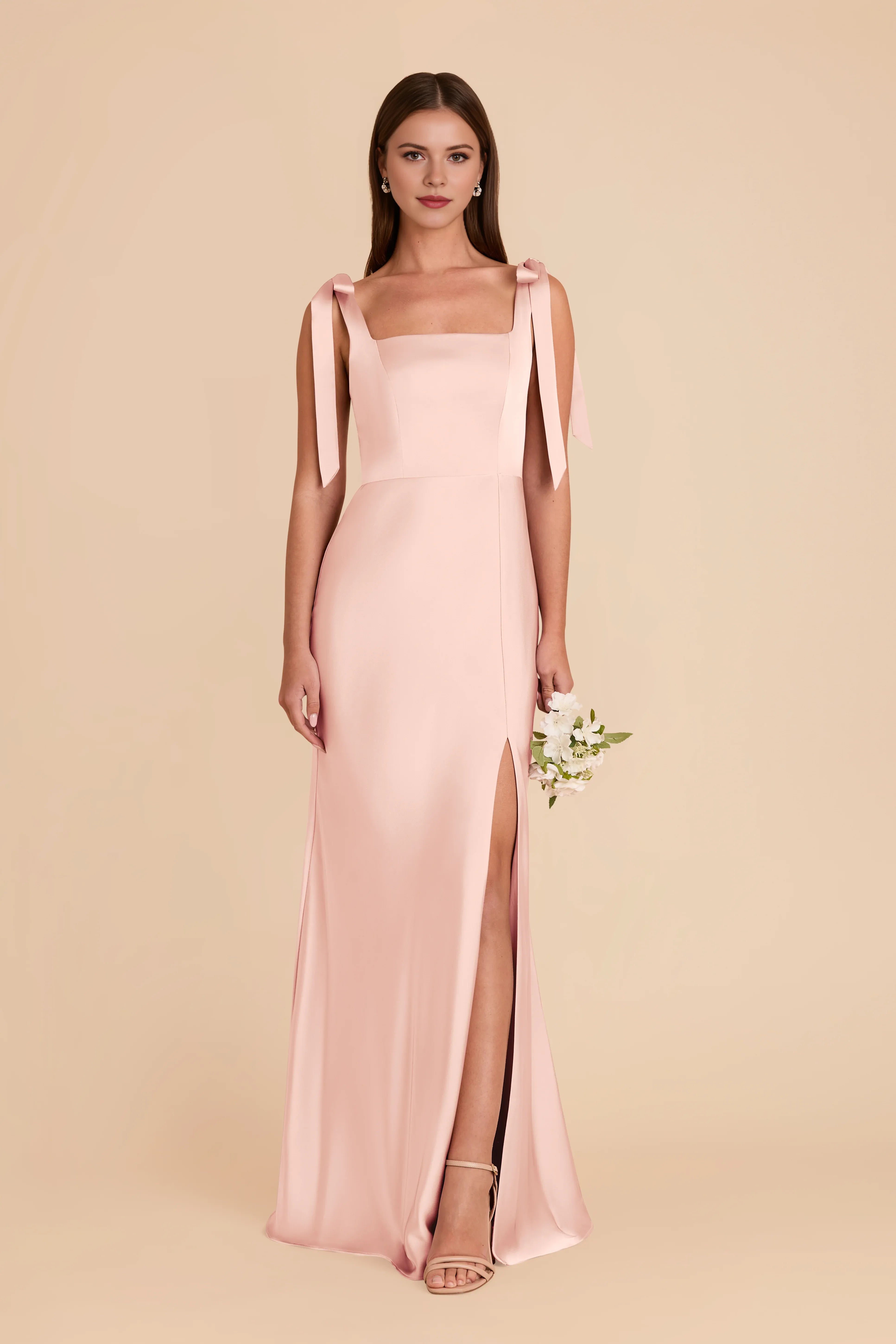 Romantic Sheath Satin Square Neck Bow Strap Open Back Floor Length Bridesmaid Dress