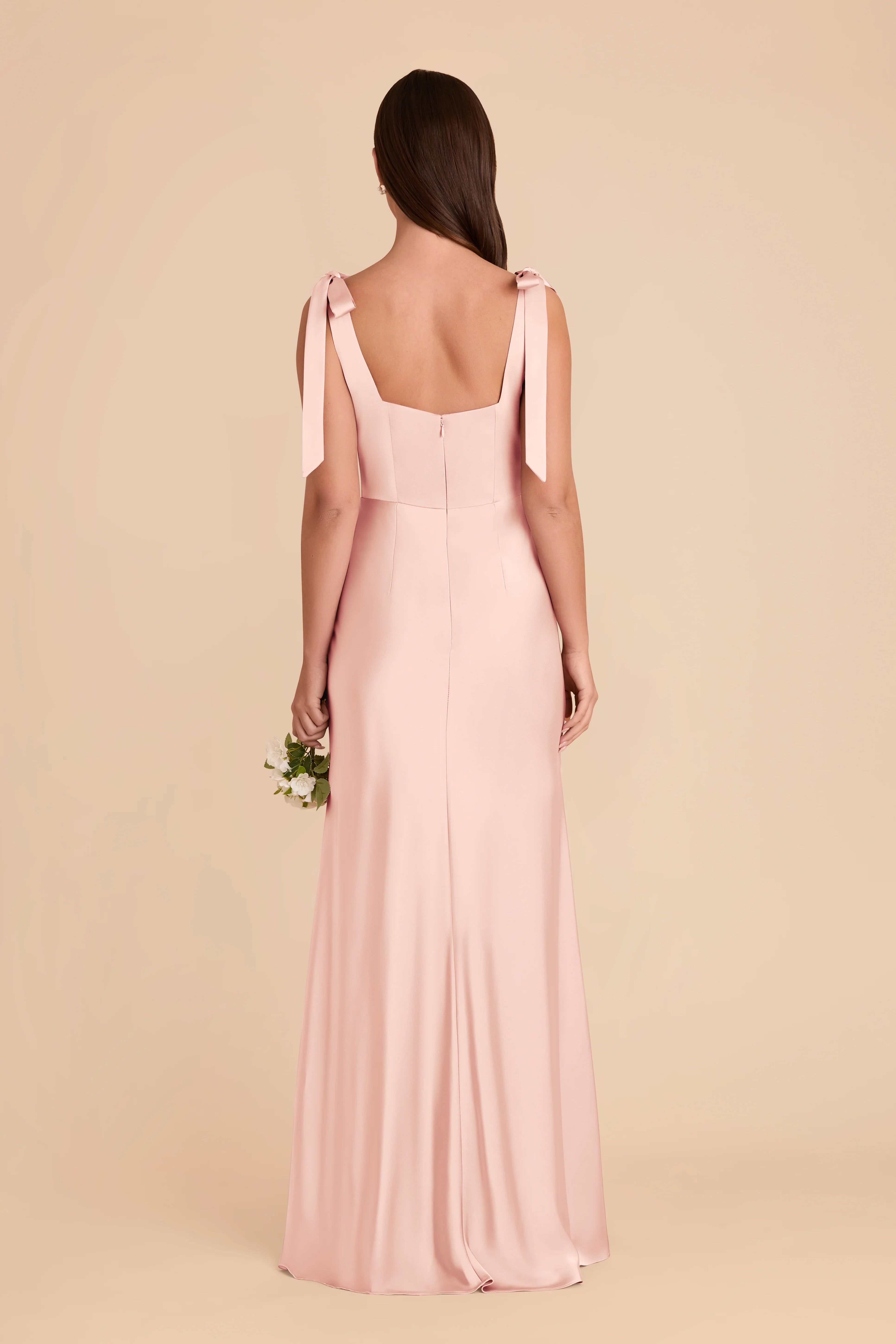 Romantic Sheath Satin Square Neck Bow Strap Open Back Floor Length Bridesmaid Dress