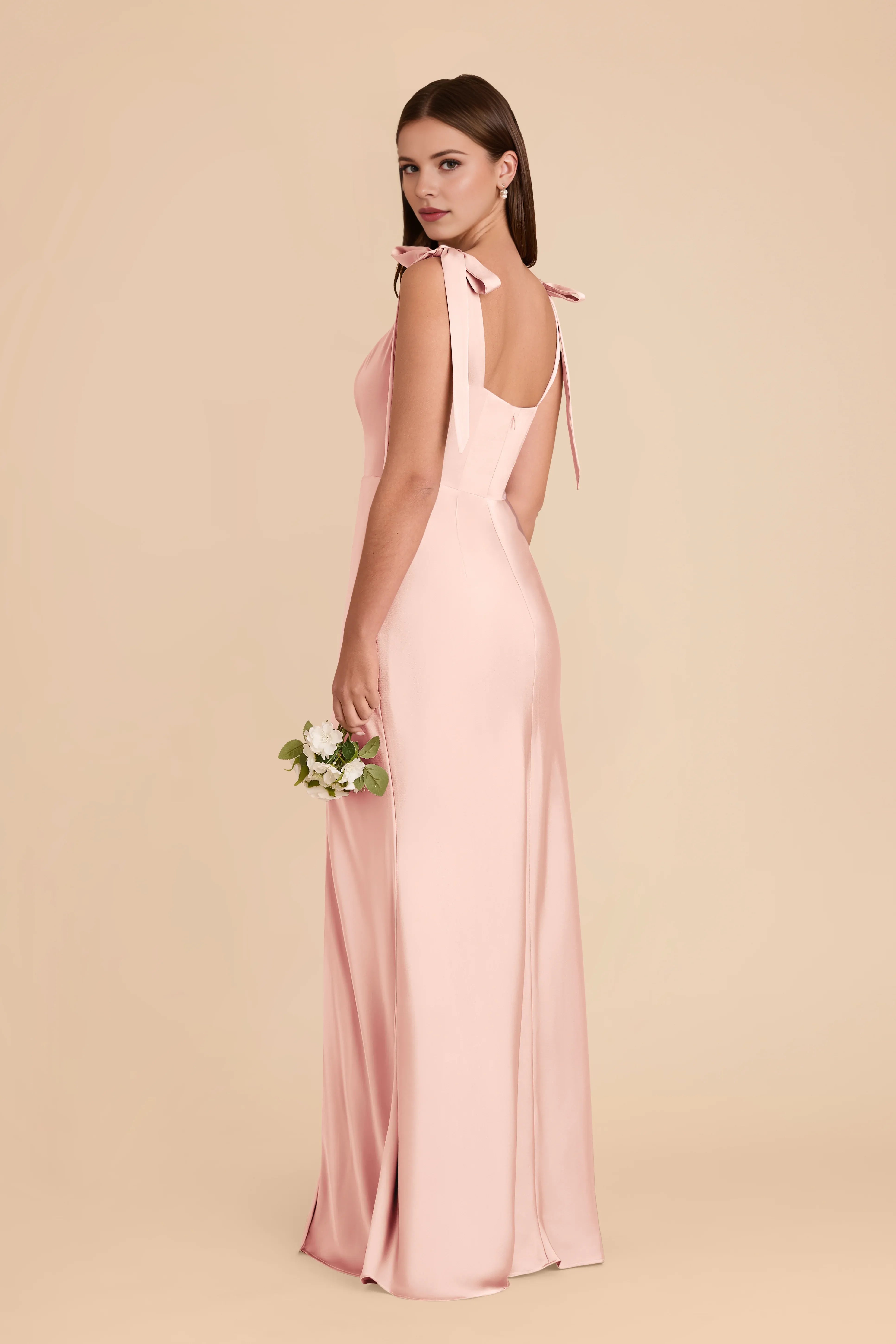 Romantic Sheath Satin Square Neck Bow Strap Open Back Floor Length Bridesmaid Dress