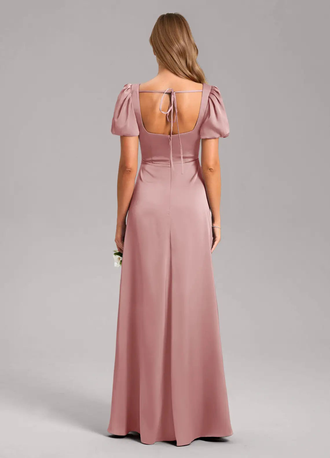 Romantic Sheath Satin Square Neck Puff Sleeve Tie Back Floor Length Bridesmaid Dress