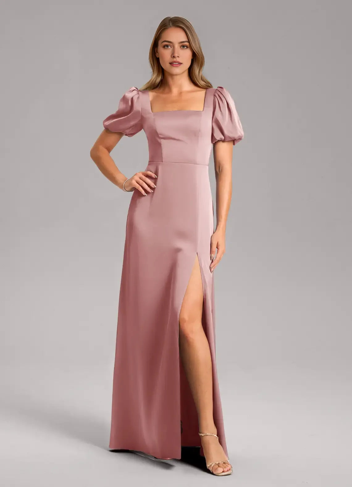 Romantic Sheath Satin Square Neck Puff Sleeve Tie Back Floor Length Bridesmaid Dress