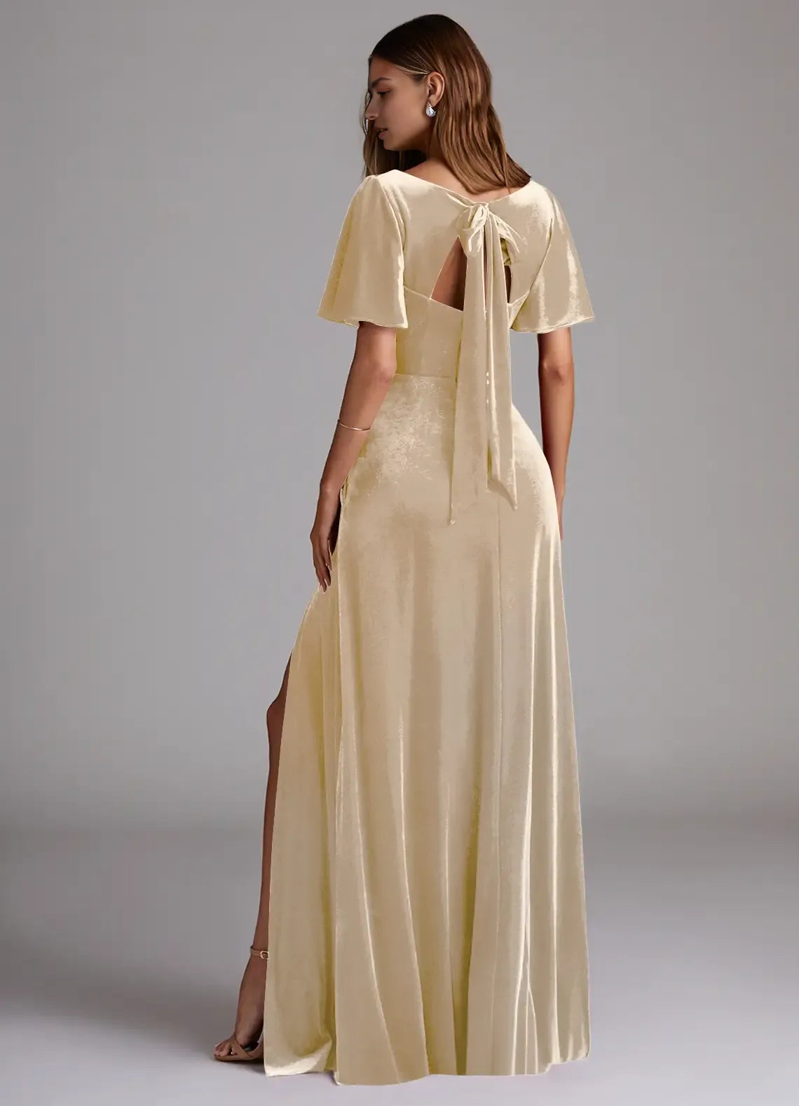 Romantic Sheath Velvet V-Neck Flutter Sleeve Cut Out Bow Back Floor-Length Bridesmaid Dress