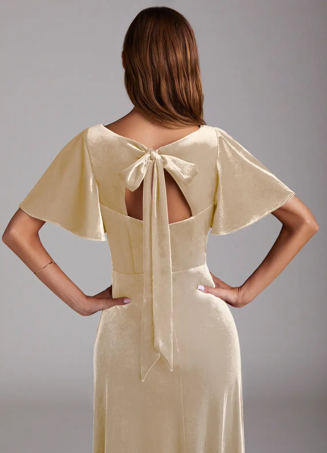 Romantic Sheath Velvet V-Neck Flutter Sleeve Cut Out Bow Back Floor-Length Bridesmaid Dress