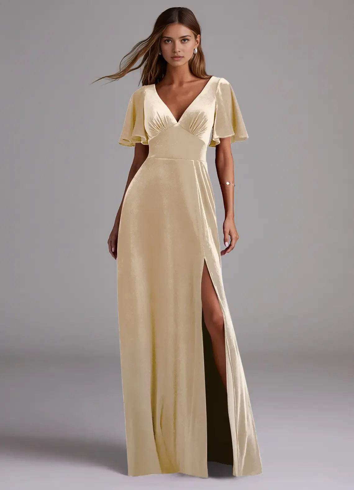 Romantic Sheath Velvet V-Neck Flutter Sleeve Cut Out Bow Back Floor-Length Bridesmaid Dress