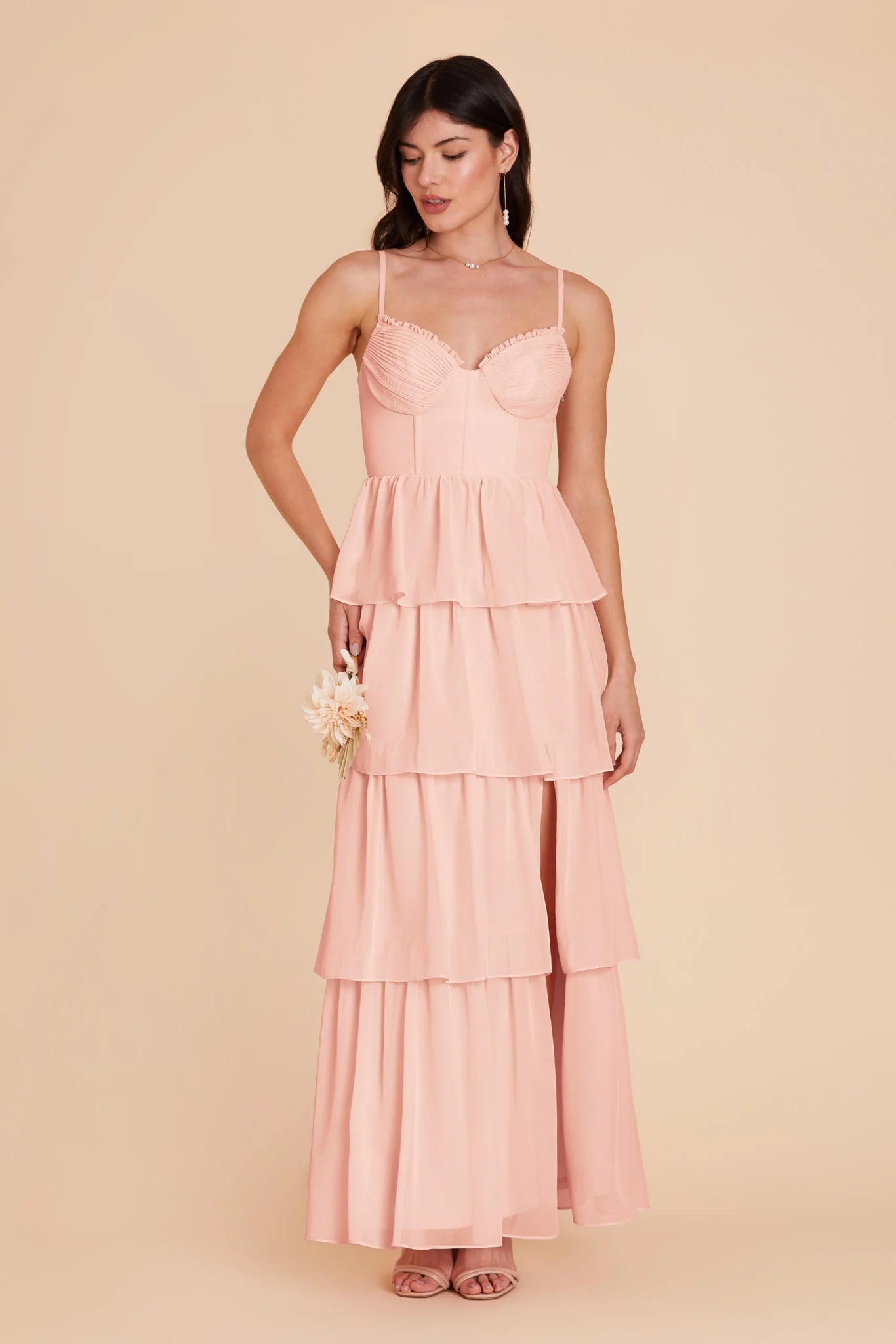 Romantic Tiered Chiffon Sweetheart Spaghetti Strap Smocked Back Floor Length Bridesmaid Dress