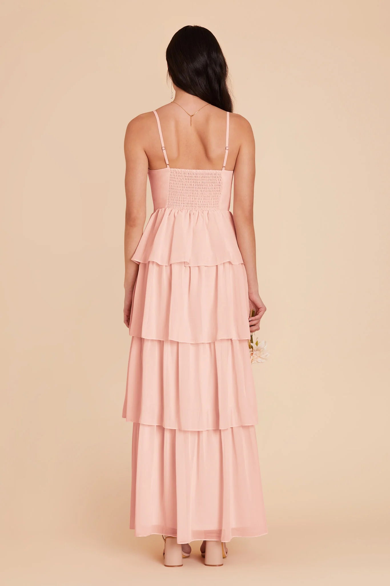 Romantic Tiered Chiffon Sweetheart Spaghetti Strap Smocked Back Floor Length Bridesmaid Dress
