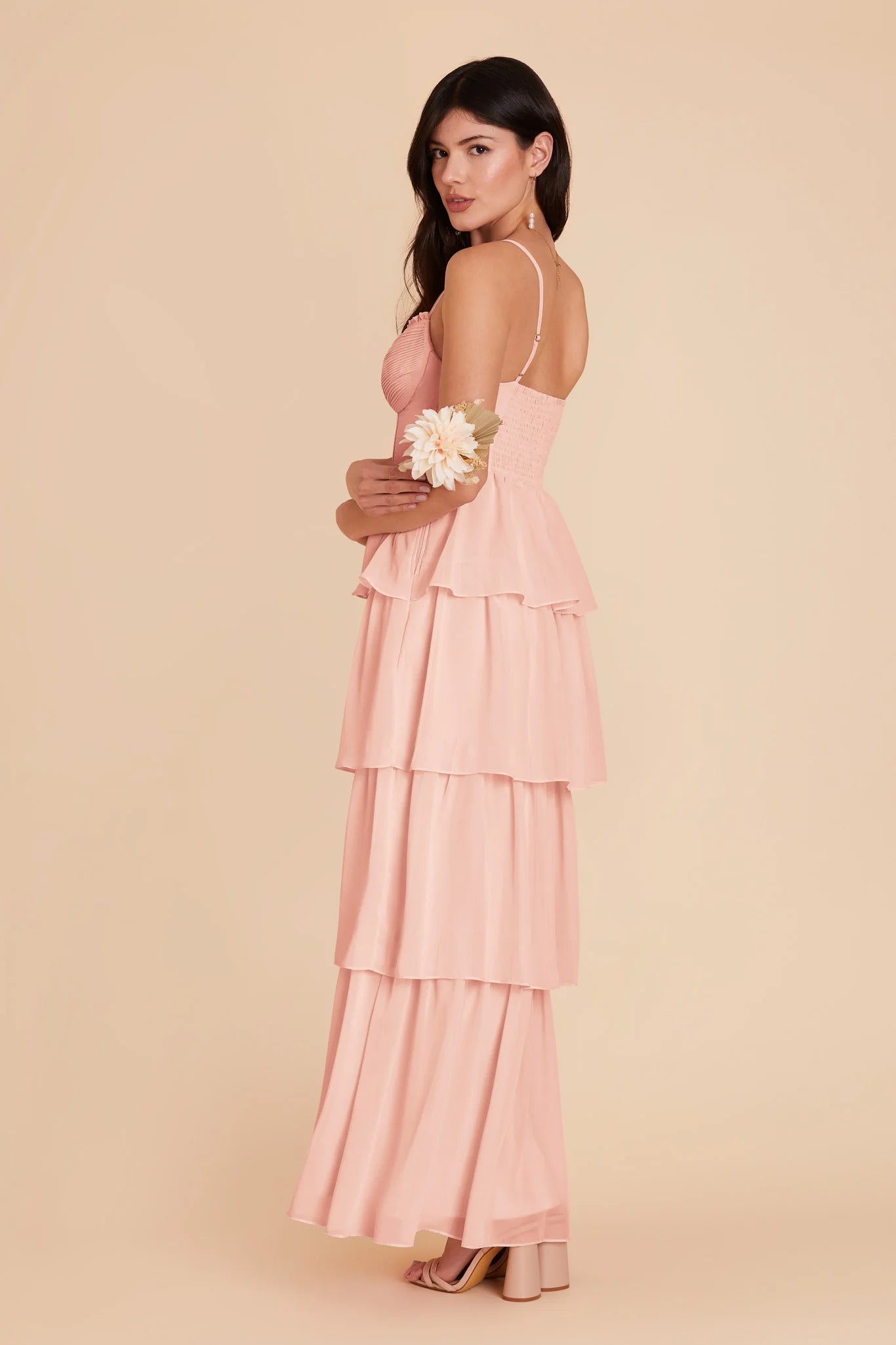 Romantic Tiered Chiffon Sweetheart Spaghetti Strap Smocked Back Floor Length Bridesmaid Dress