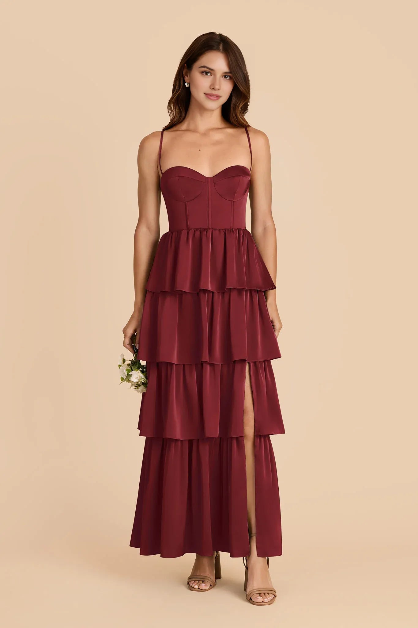 Romantic Tiered Satin Sweetheart Spaghetti Strap Open Back Floor Length Bridesmaid Dress