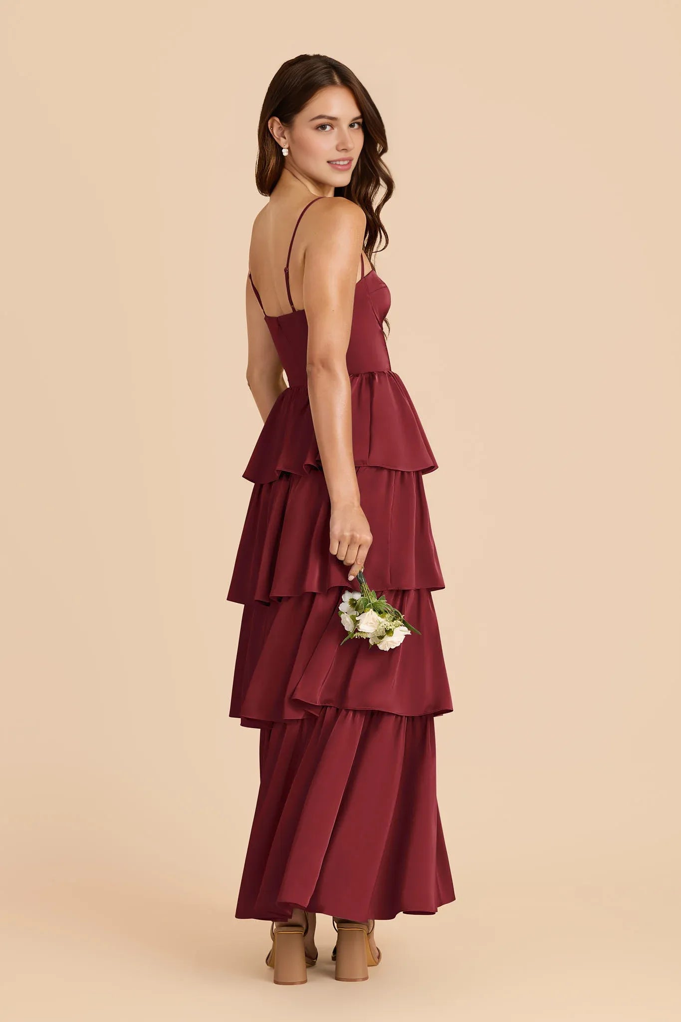 Romantic Tiered Satin Sweetheart Spaghetti Strap Open Back Floor Length Bridesmaid Dress