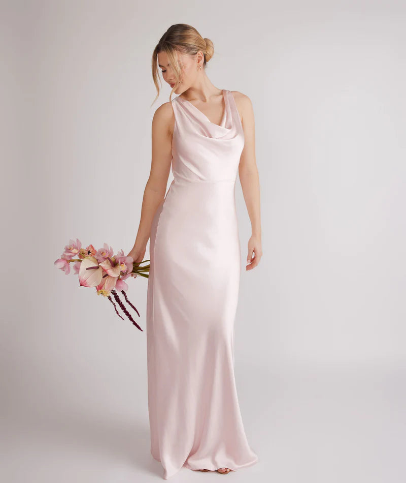 Romantic Blush Pink Asymmetric Cowl Neck Satin Sleeveless Bodycon Floor-length Bridesmaid Dresses