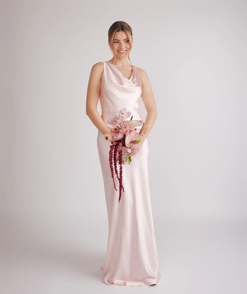 Romantic Blush Pink Asymmetric Cowl Neck Satin Sleeveless Bodycon Floor-length Bridesmaid Dresses