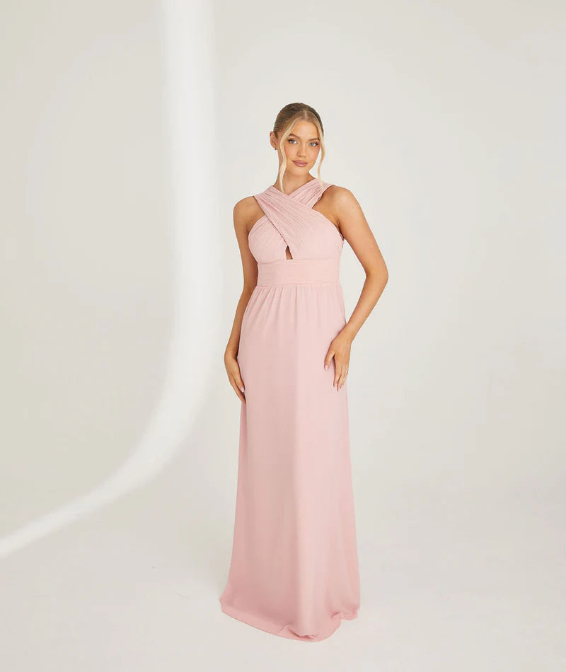 Romantic Blush Pink Cross-over Halter Neck Cutout Chiffon A-line Floor-length Bridesmaid Dresses