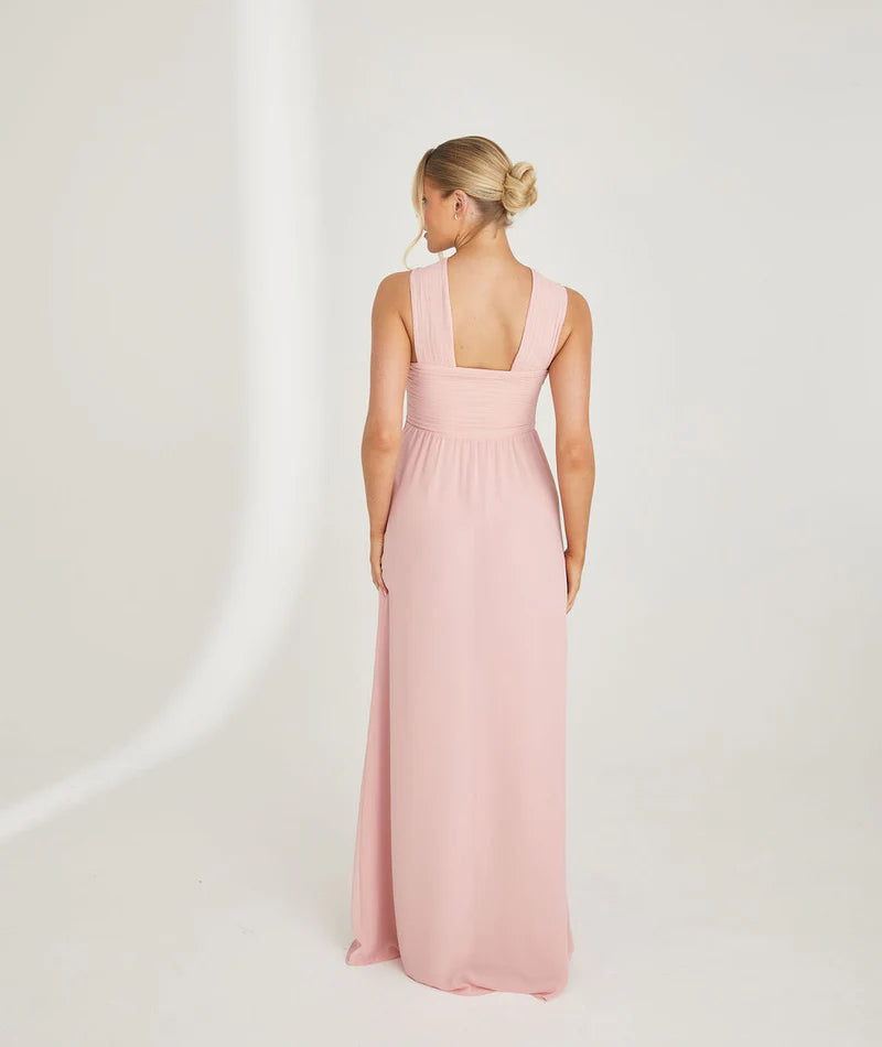 Romantic Blush Pink Cross-over Halter Neck Cutout Chiffon A-line Floor-length Bridesmaid Dresses