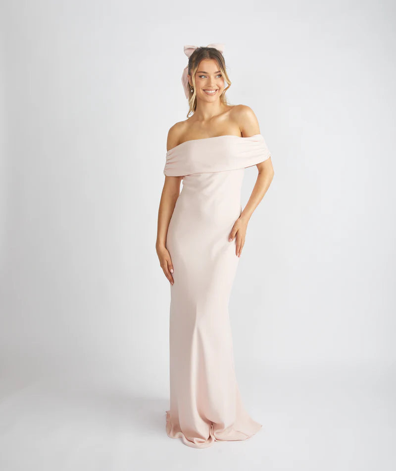 Romantic Blush Pink Off-the-shoulder Draped Neckline Satin Bodycon Floor-length Bridesmaid Dresses