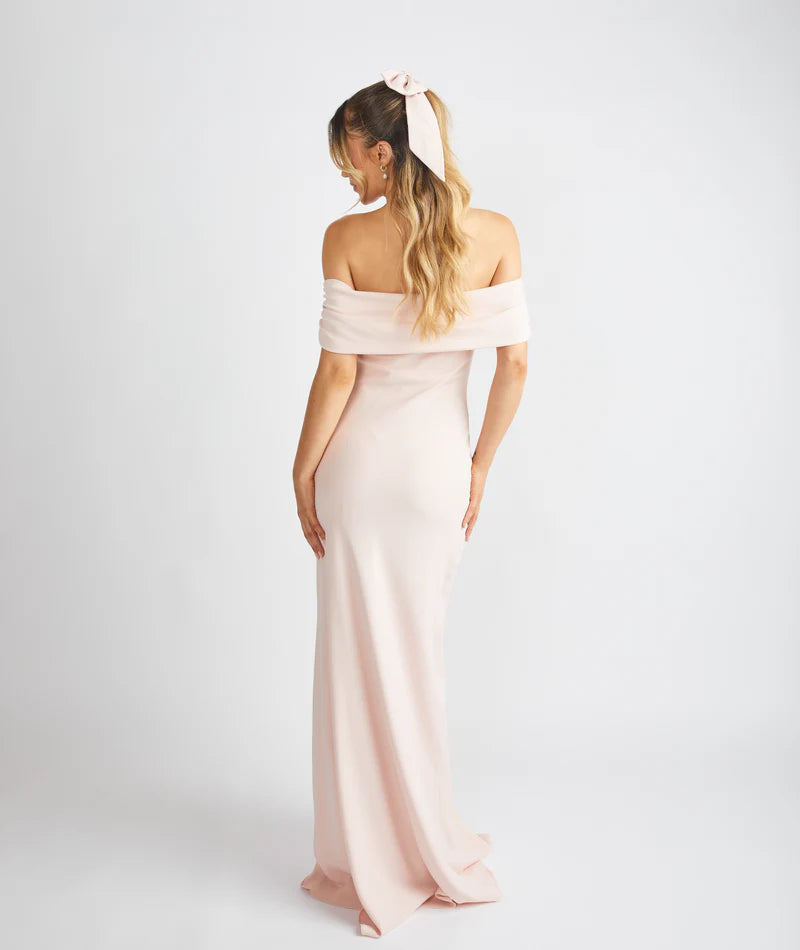 Romantic Blush Pink Off-the-shoulder Draped Neckline Satin Bodycon Floor-length Bridesmaid Dresses