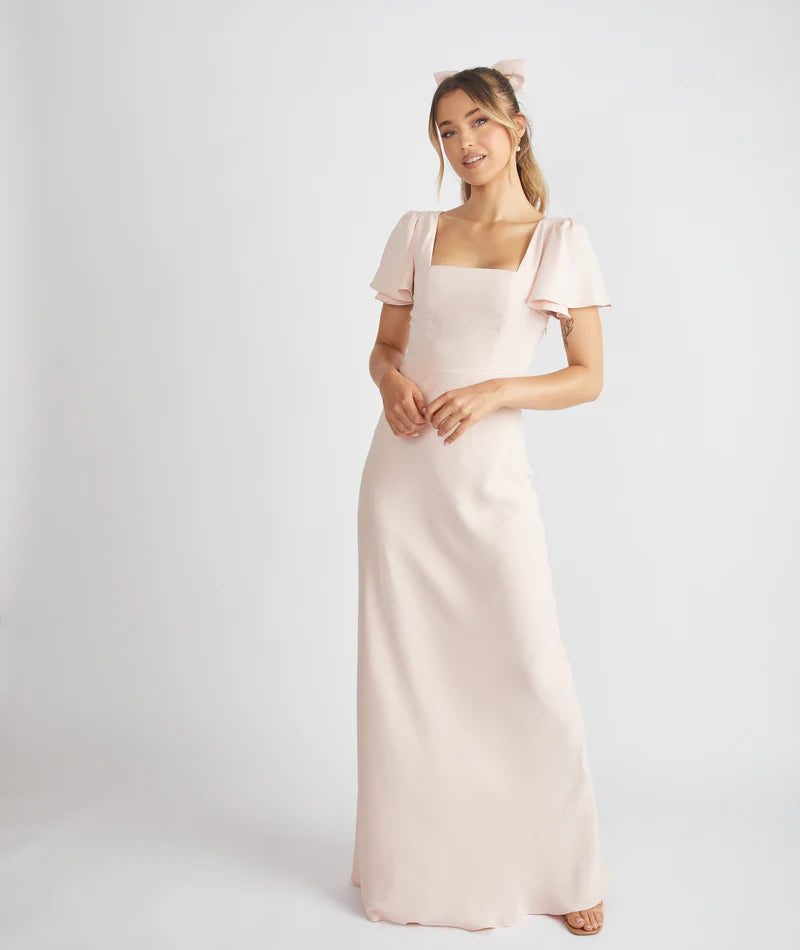 Romantic Blush Pink Square Neck Flutter Sleeve Satin Cutout Back Bodycon Floor-length Bridesmaid Dresses