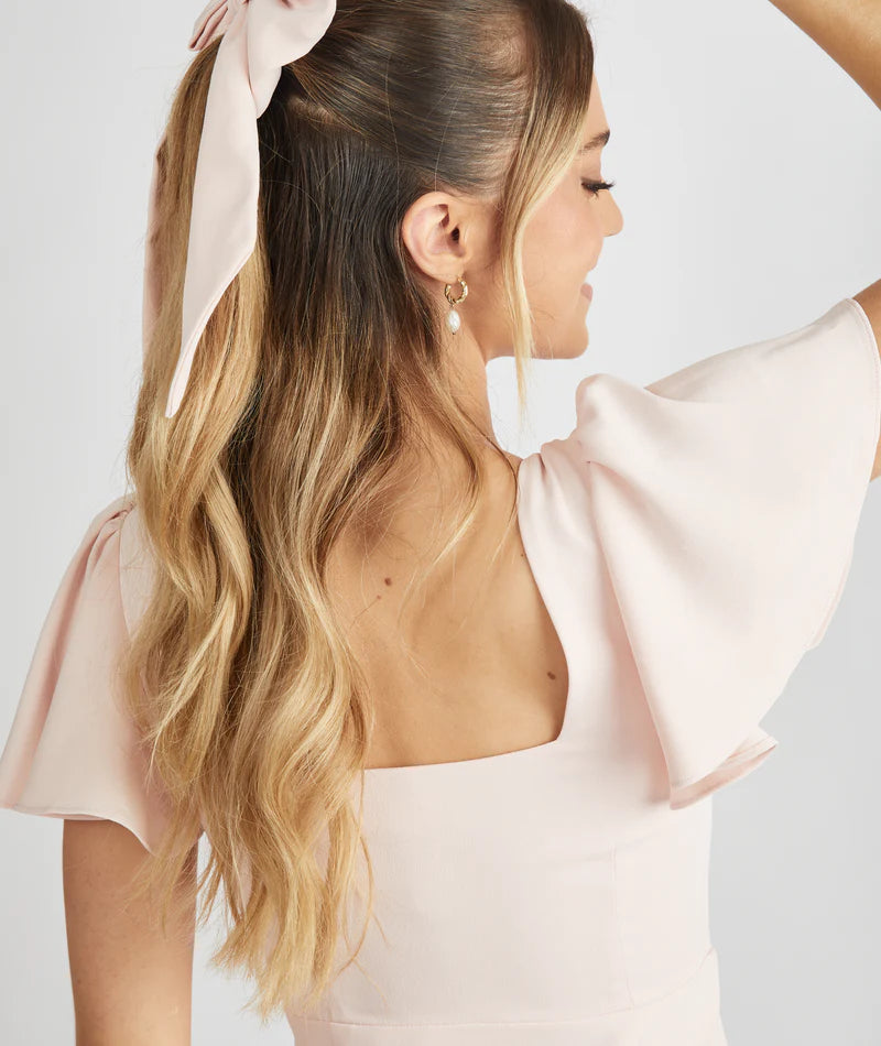 Romantic Blush Pink Square Neck Flutter Sleeve Satin Cutout Back Bodycon Floor-length Bridesmaid Dresses