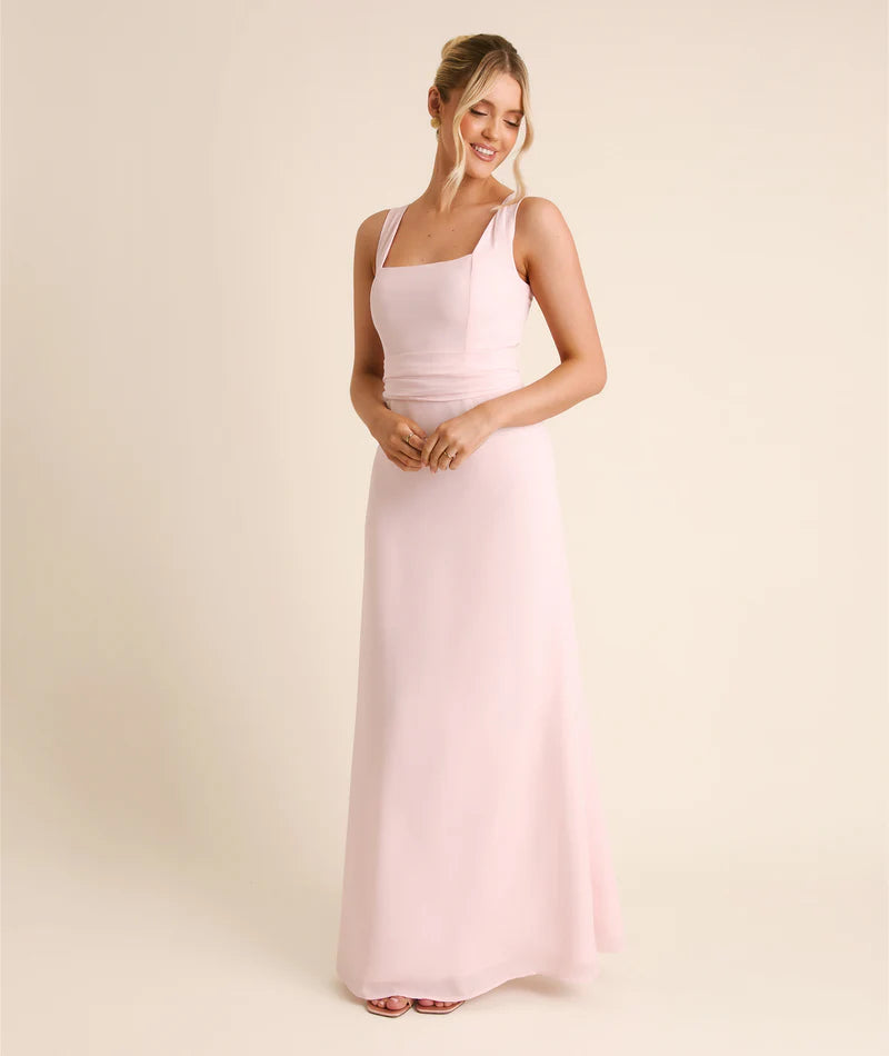 Romantic Blush Pink Square Neck Sleeveless Chiffon Tie-back A-line Floor-length Bridesmaid Dresses