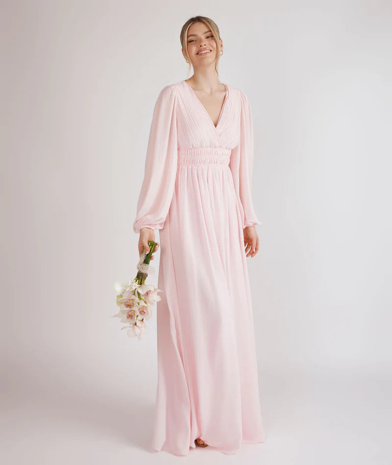 Romantic Blush Pink V-neck Pleated Bodice Bishop Sleeve Smocked Waist Chiffon A-line Floor-length Bridesmaid Dresses