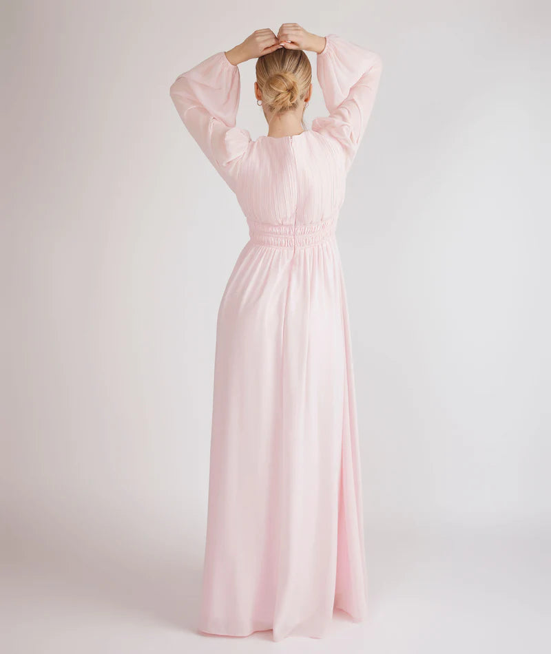 Romantic Blush Pink V-neck Pleated Bodice Bishop Sleeve Smocked Waist Chiffon A-line Floor-length Bridesmaid Dresses