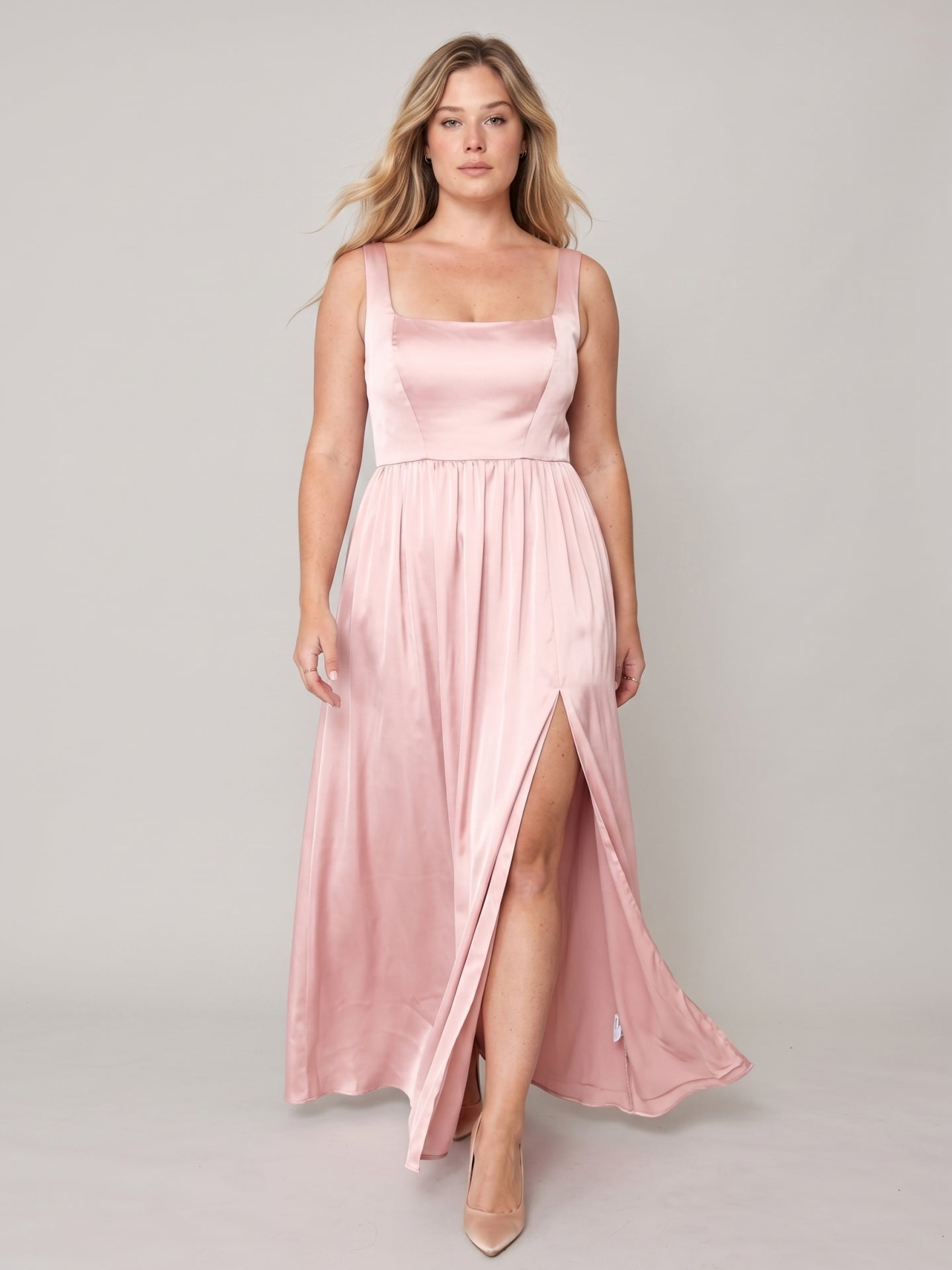 Romantic Blushing Pink Satin A-Line Square Neck Back Zip  Plus Size Pleated Detail Bridesmaid Dress