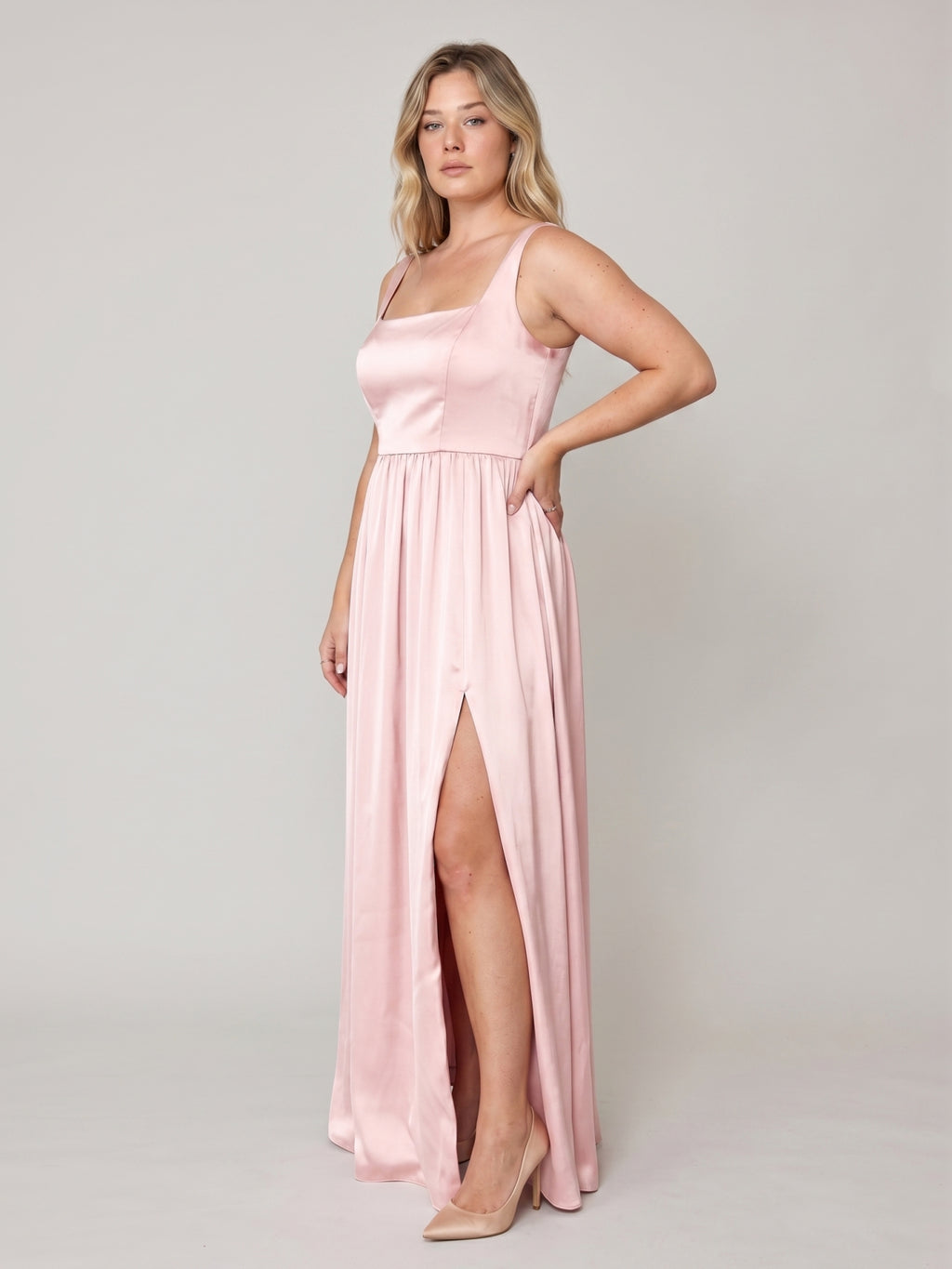 Romantic Blushing Pink Satin A-Line Square Neck Back Zip  Plus Size Pleated Detail Bridesmaid Dress