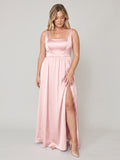 Romantic Blushing Pink Satin A-Line Square Neck Back Zip  Plus Size Pleated Detail Bridesmaid Dress