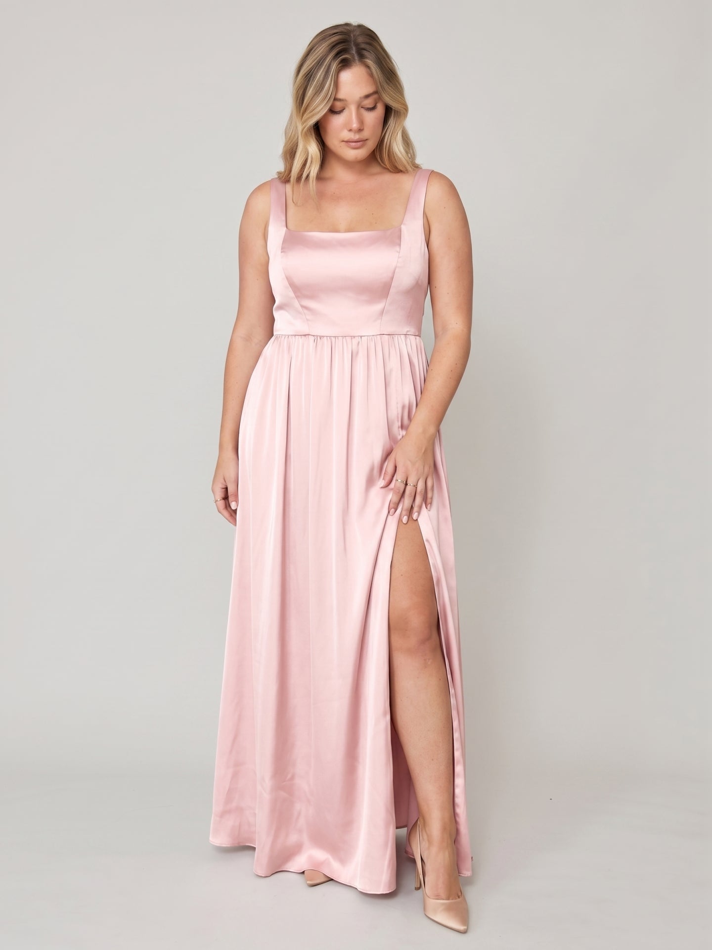 Romantic Blushing Pink Satin A-Line Square Neck Back Zip  Plus Size Pleated Detail Bridesmaid Dress