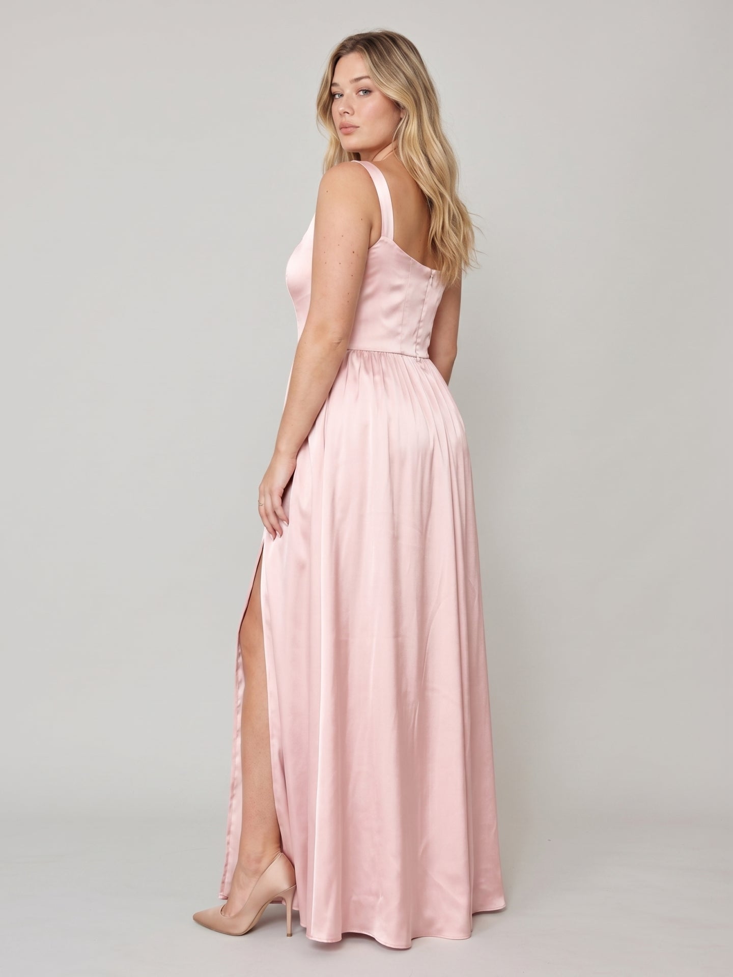 Romantic Blushing Pink Satin A-Line Square Neck Back Zip  Plus Size Pleated Detail Bridesmaid Dress