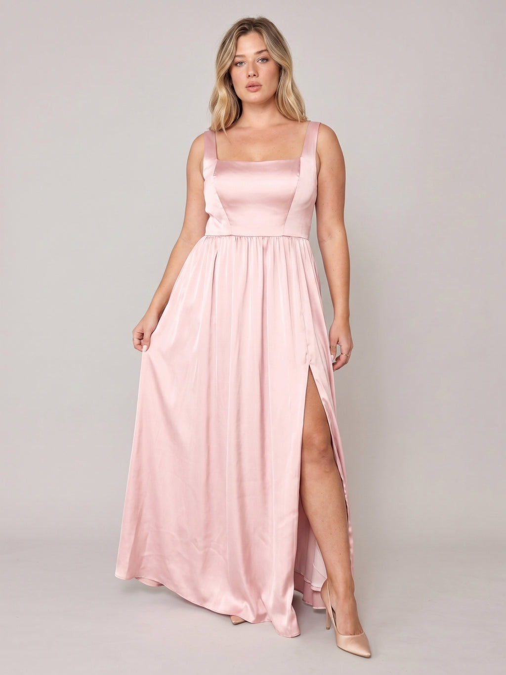 Romantic Blushing Pink Satin A-Line Square Neck Back Zip  Plus Size Pleated Detail Bridesmaid Dress