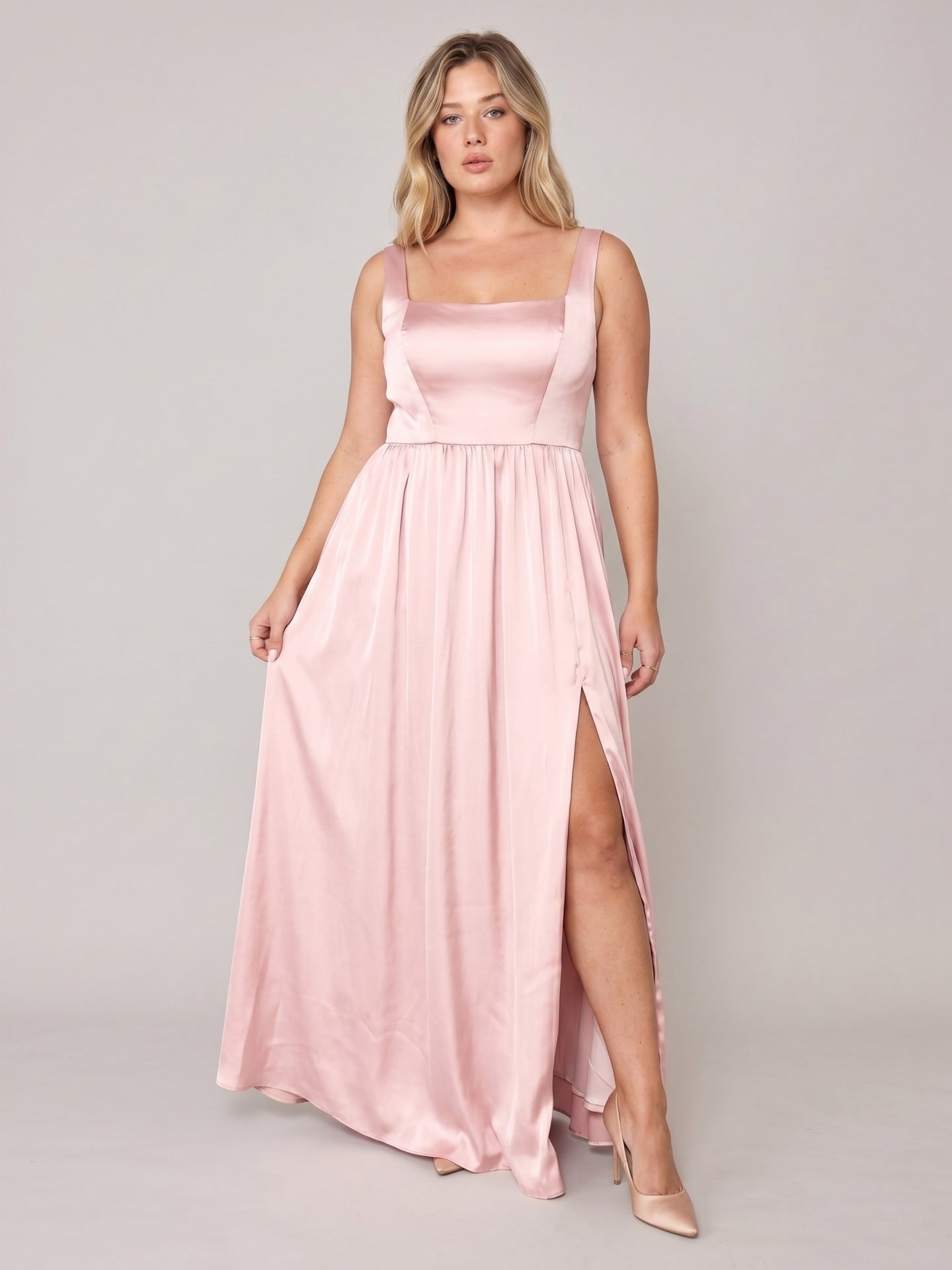Romantic Blushing Pink Satin A-Line Square Neck Back Zip  Plus Size Pleated Detail Bridesmaid Dress