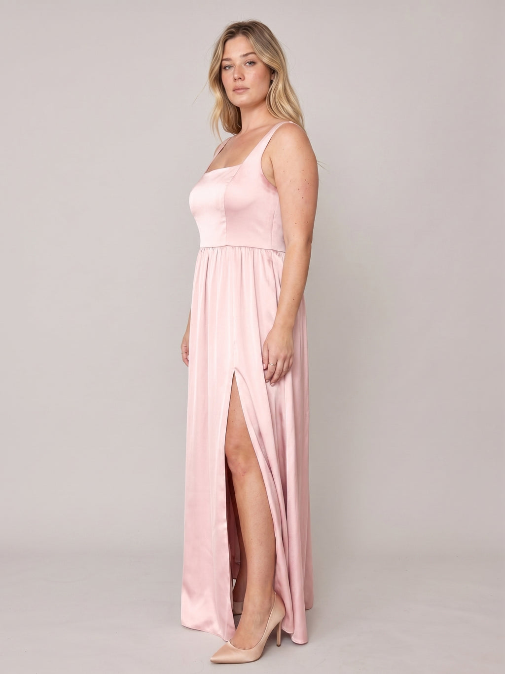 Romantic Blushing Pink Satin A-Line Square Neck Back Zip  Plus Size Pleated Detail Bridesmaid Dress