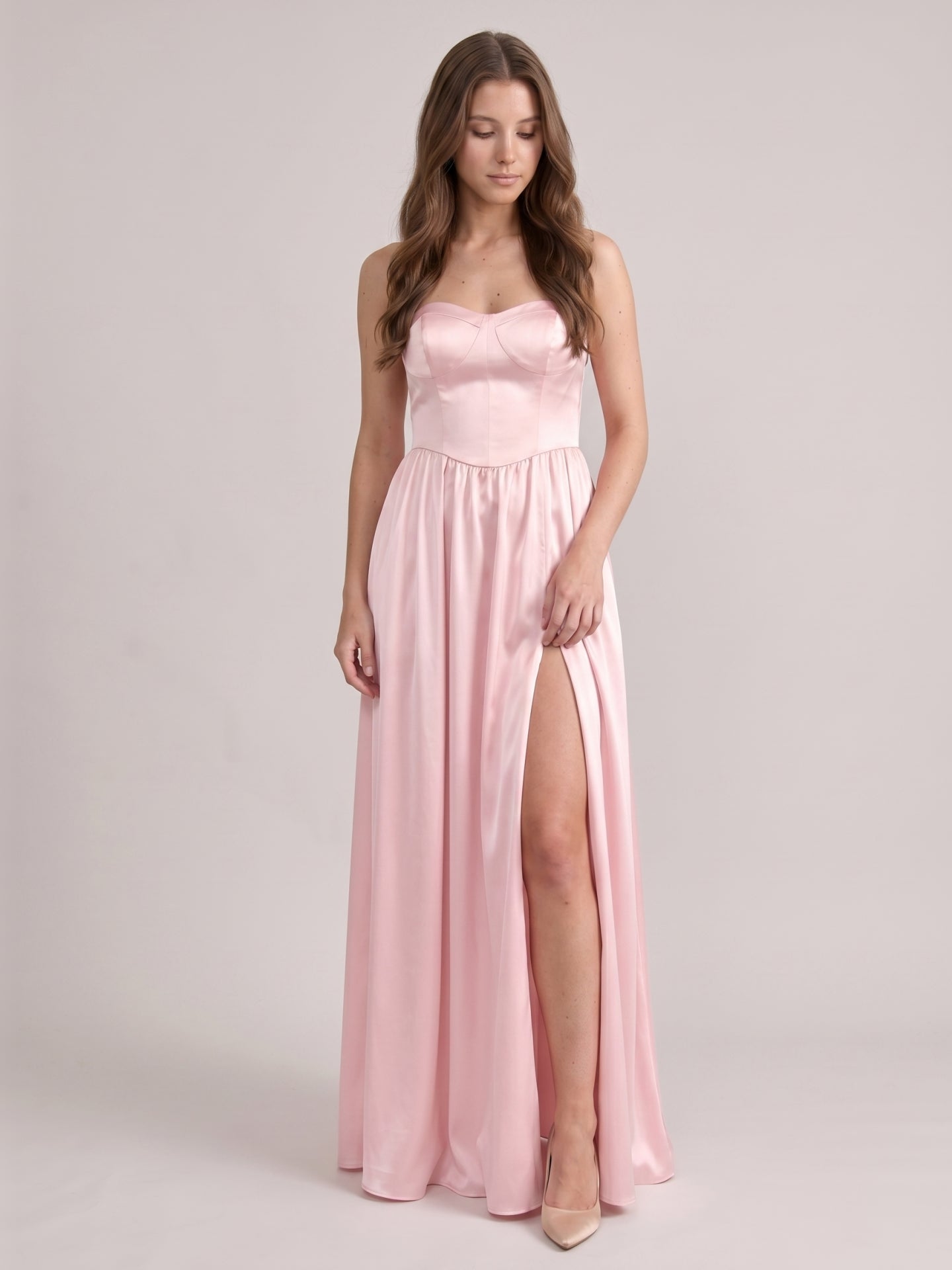 Romantic Blushing Pink Satin A-Line Sweetheart Criss-Cross Straps Bridesmaid Dress