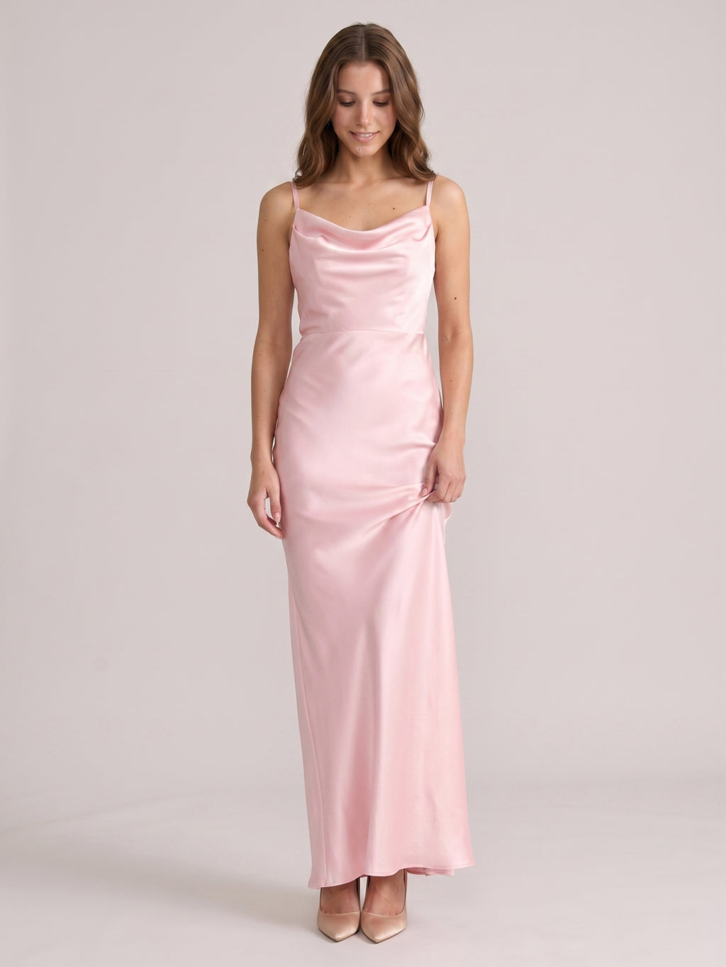 Romantic Blushing Pink Satin Sheath Square Neck Backless Bridesmaid Dress