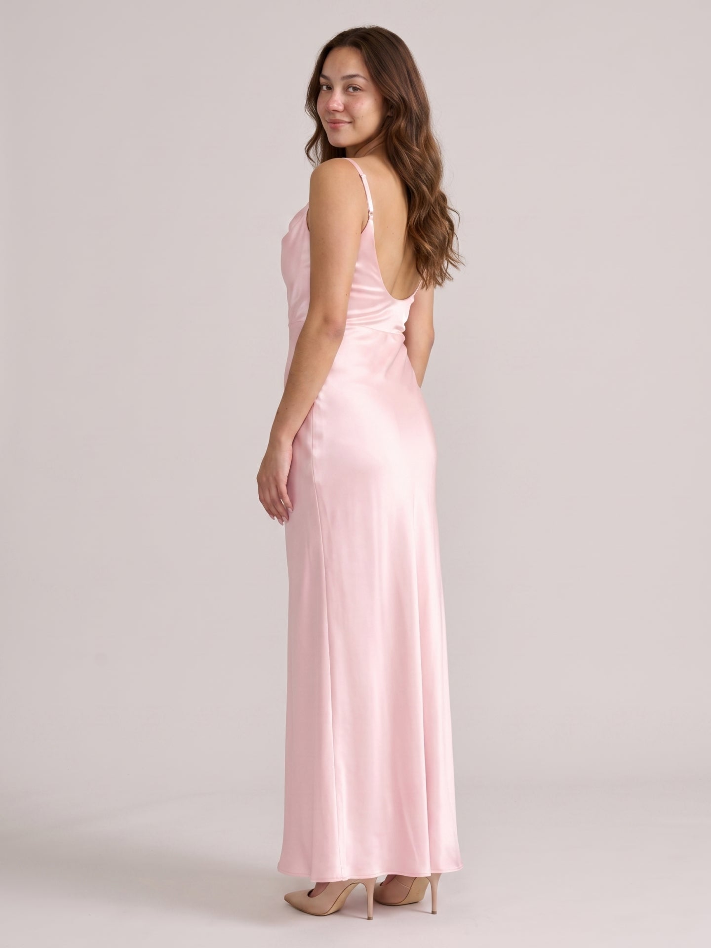 Romantic Blushing Pink Satin Sheath Square Neck Backless Bridesmaid Dress