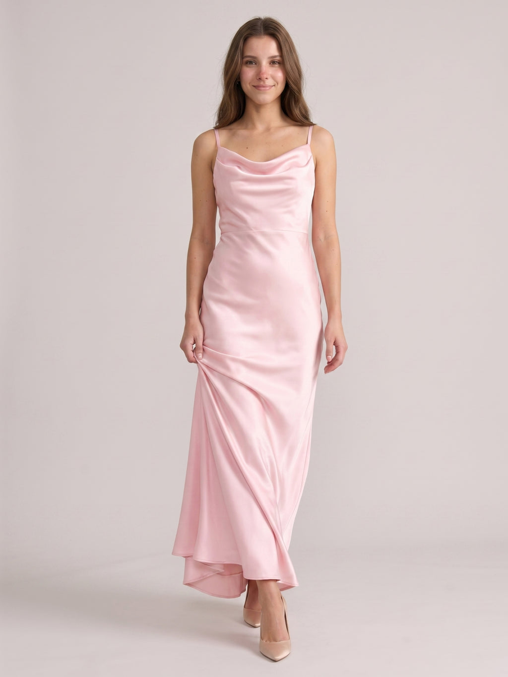 Romantic Blushing Pink Satin Sheath Square Neck Backless Bridesmaid Dress