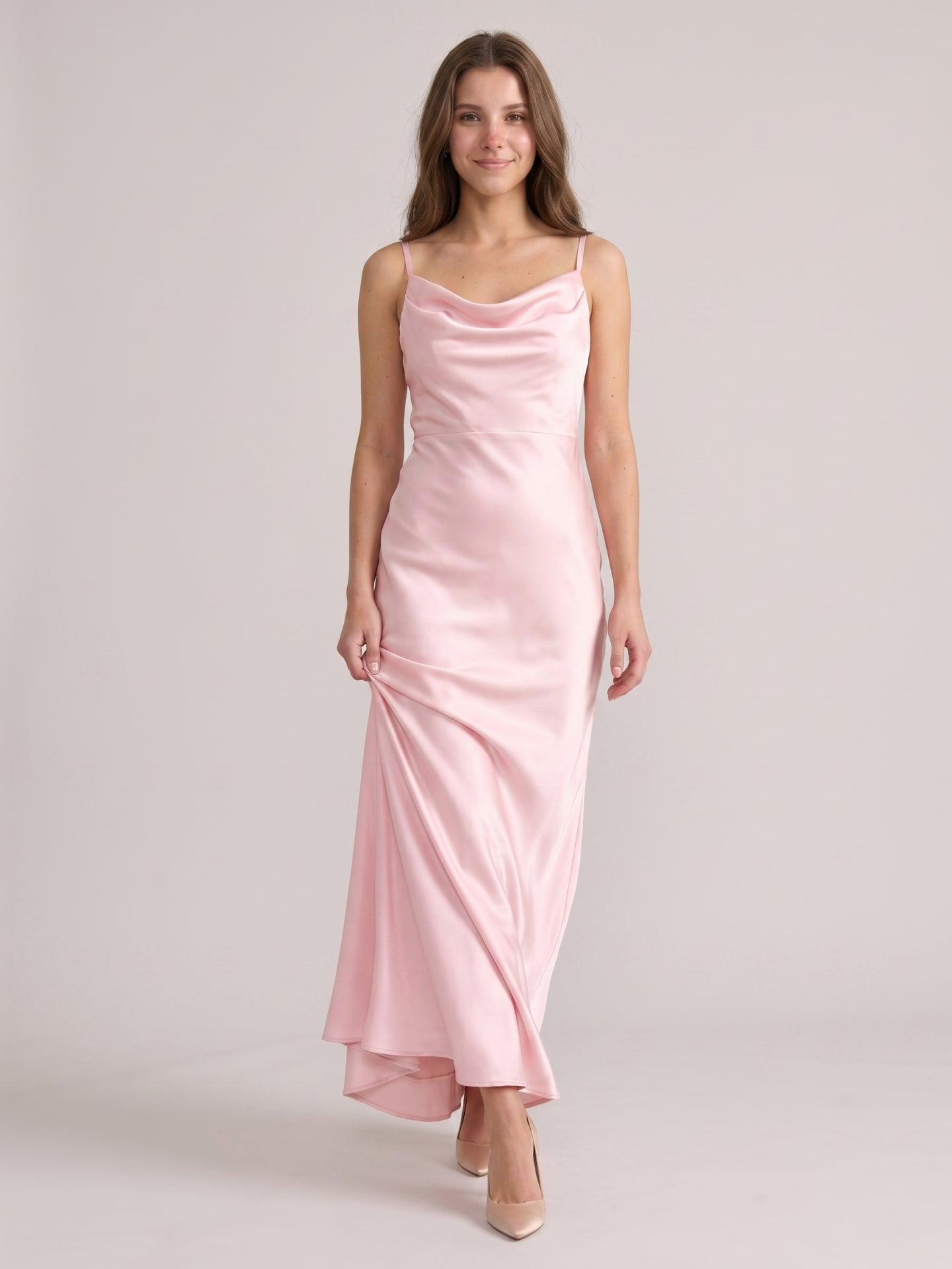 Romantic Blushing Pink Satin Sheath Square Neck Backless Bridesmaid Dress