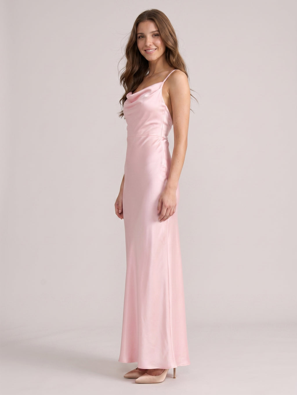 Romantic Blushing Pink Satin Sheath Square Neck Backless Bridesmaid Dress