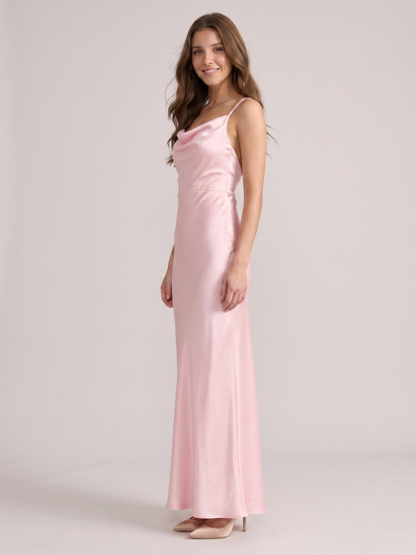 Romantic Blushing Pink Satin Sheath Square Neck Backless Bridesmaid Dress