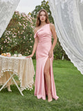 Romantic Blushing Pink Satin Trumpet One Shoulder Backless PleatedDetail Bridesmaid Dress