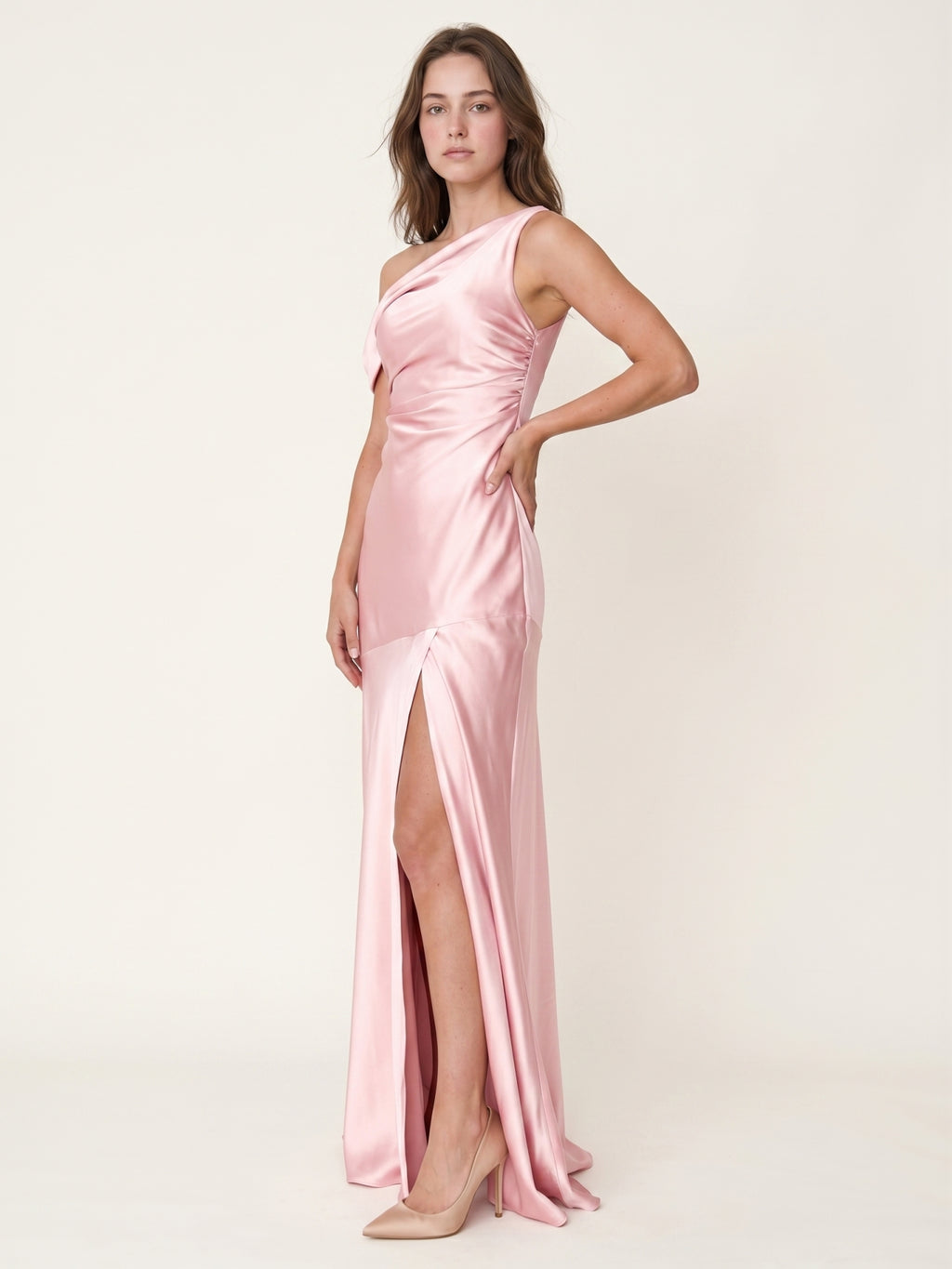 Romantic Blushing Pink Satin Trumpet One Shoulder Backless PleatedDetail Bridesmaid Dress