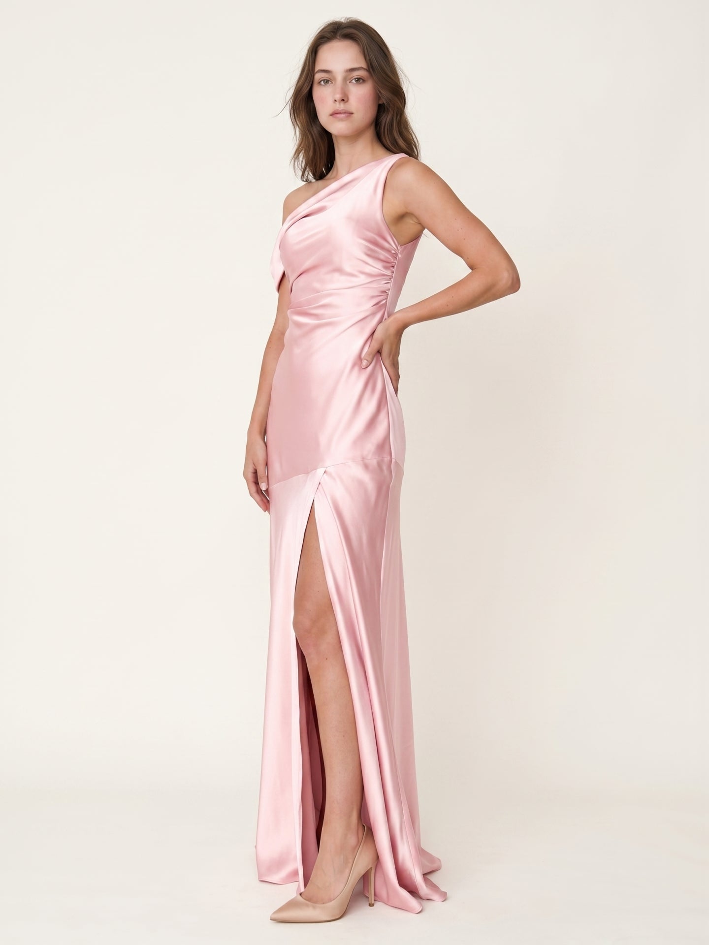 Romantic Blushing Pink Satin Trumpet One Shoulder Backless PleatedDetail Bridesmaid Dress