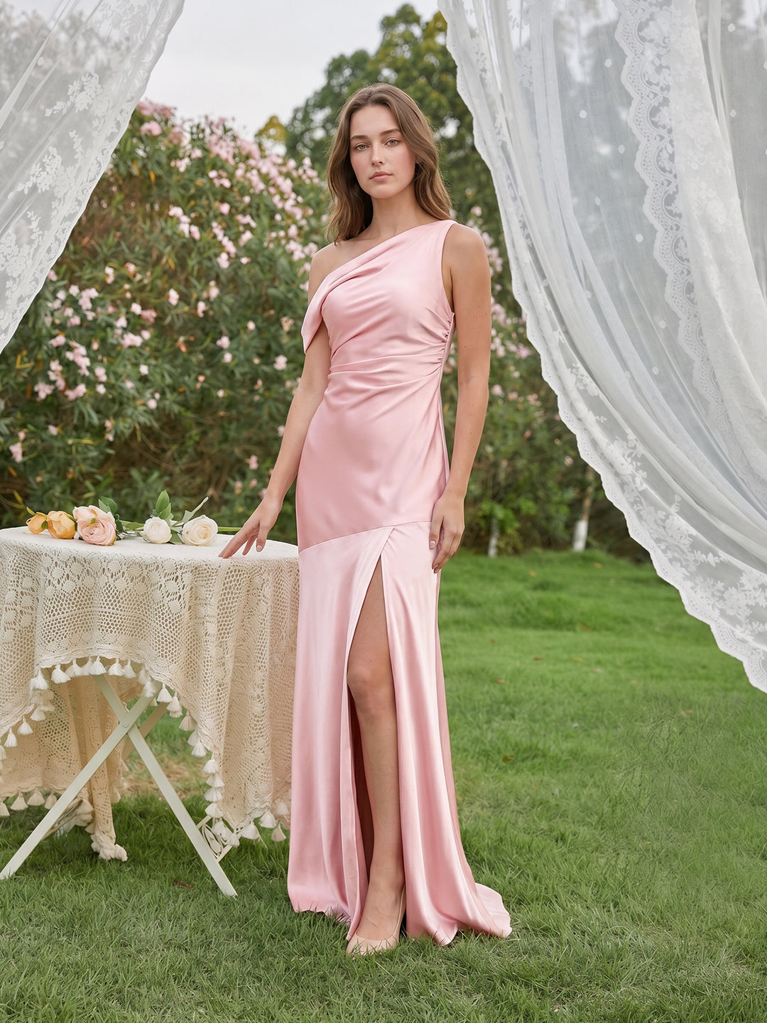 Romantic Blushing Pink Satin Trumpet One Shoulder Backless PleatedDetail Bridesmaid Dress