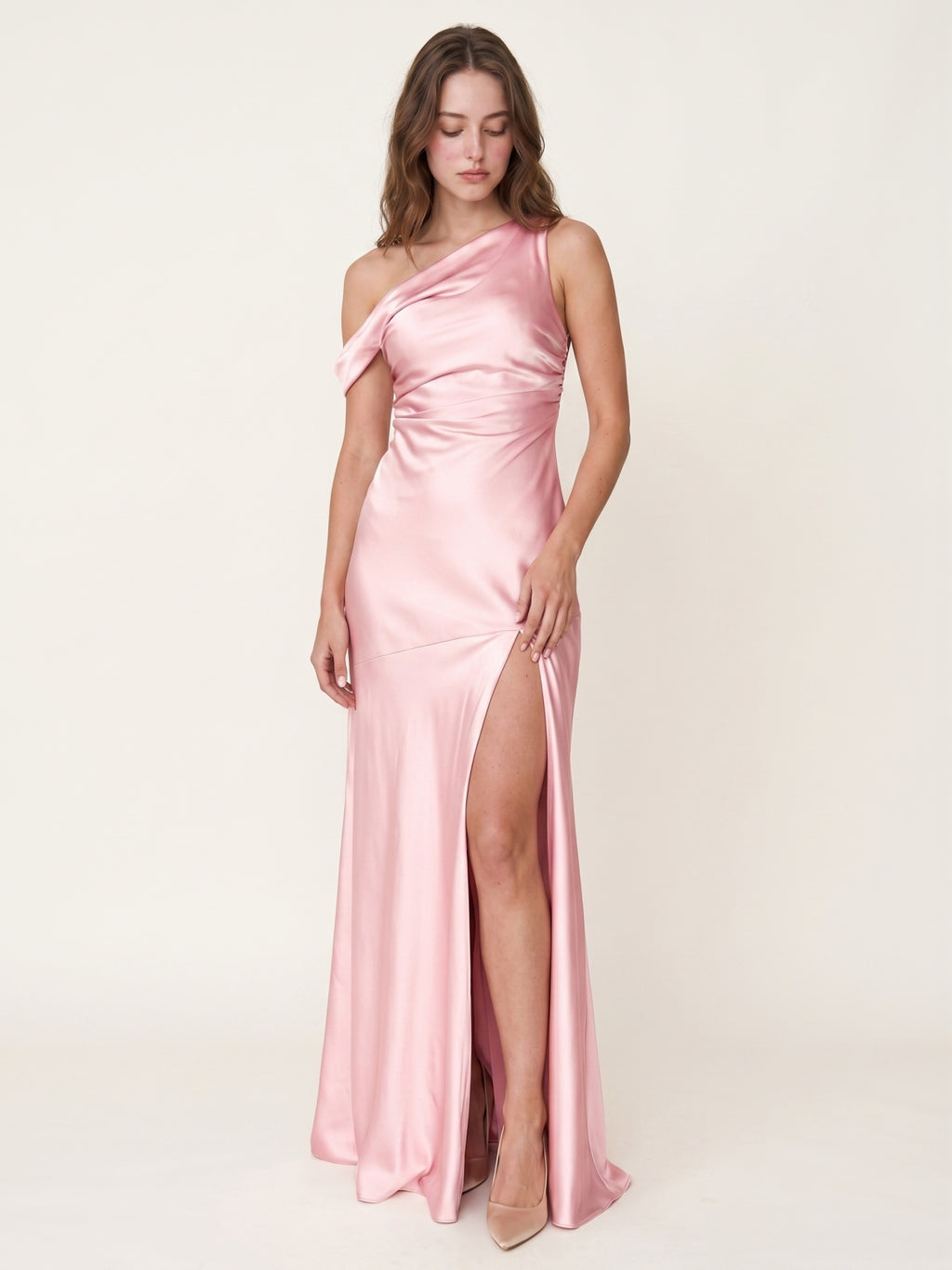 Romantic Blushing Pink Satin Trumpet One Shoulder Backless PleatedDetail Bridesmaid Dress