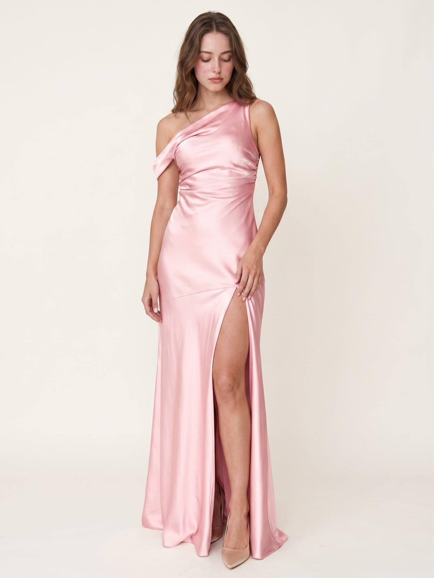 Romantic Blushing Pink Satin Trumpet One Shoulder Backless PleatedDetail Bridesmaid Dress