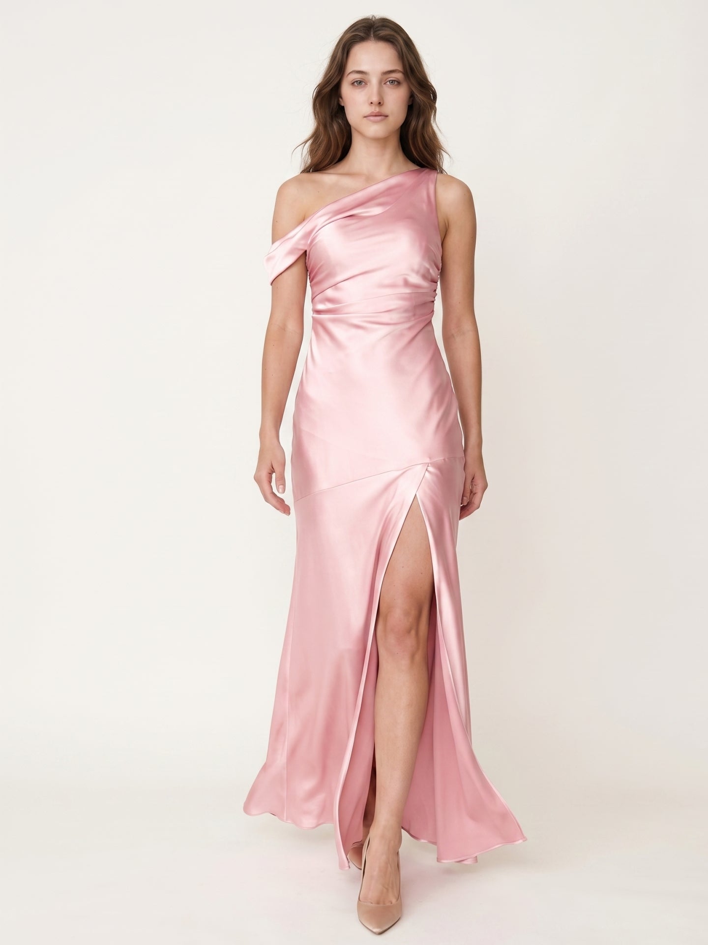 Romantic Blushing Pink Satin Trumpet One Shoulder Backless PleatedDetail Bridesmaid Dress