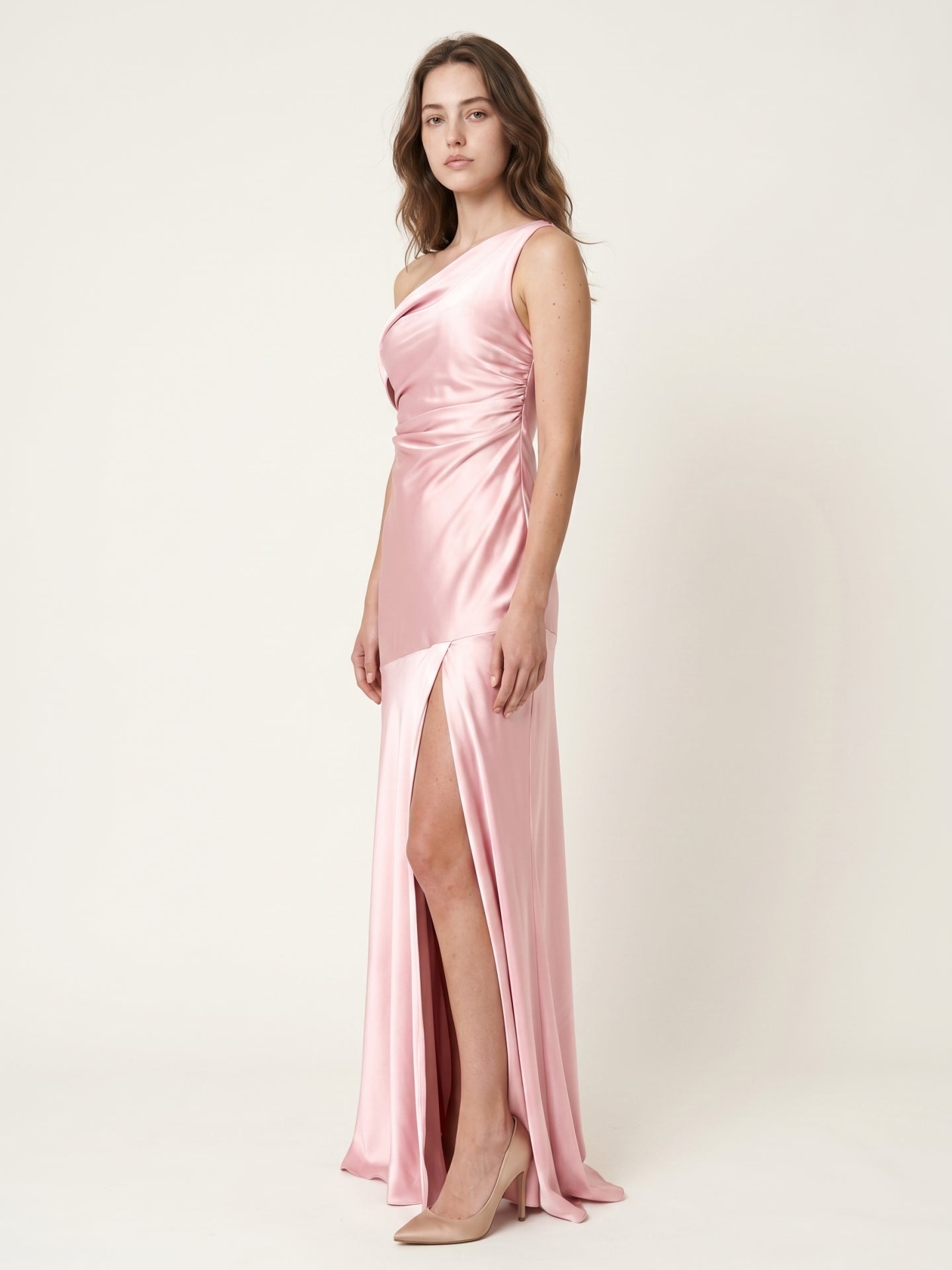 Romantic Blushing Pink Satin Trumpet One Shoulder Backless PleatedDetail Bridesmaid Dress